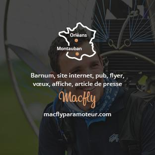 Barnum, site internet, pub, flyer, vœux affiche, article de presse pour MACFLY et Orléans paramoteur